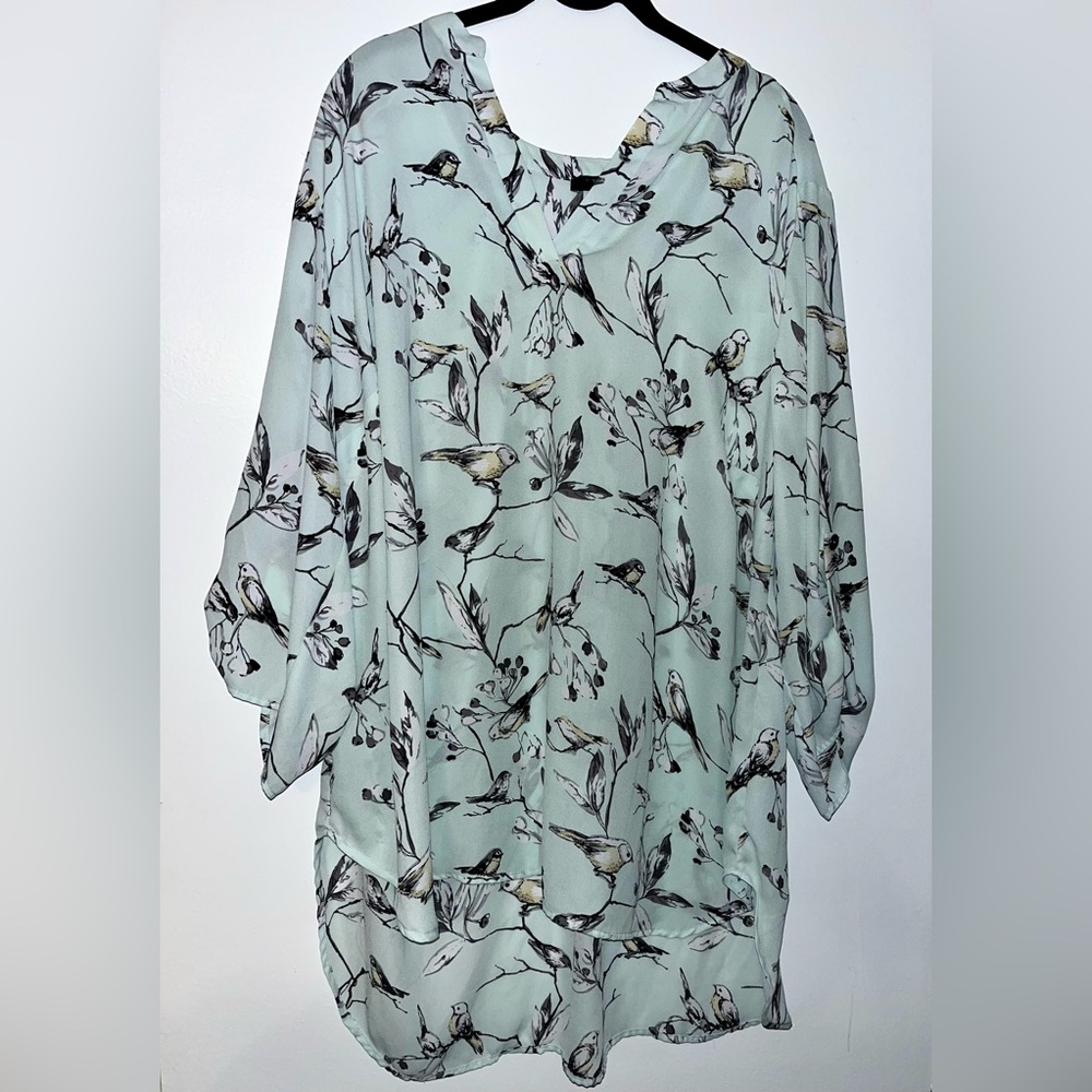T Tahari Light Blue Top with Bird Print